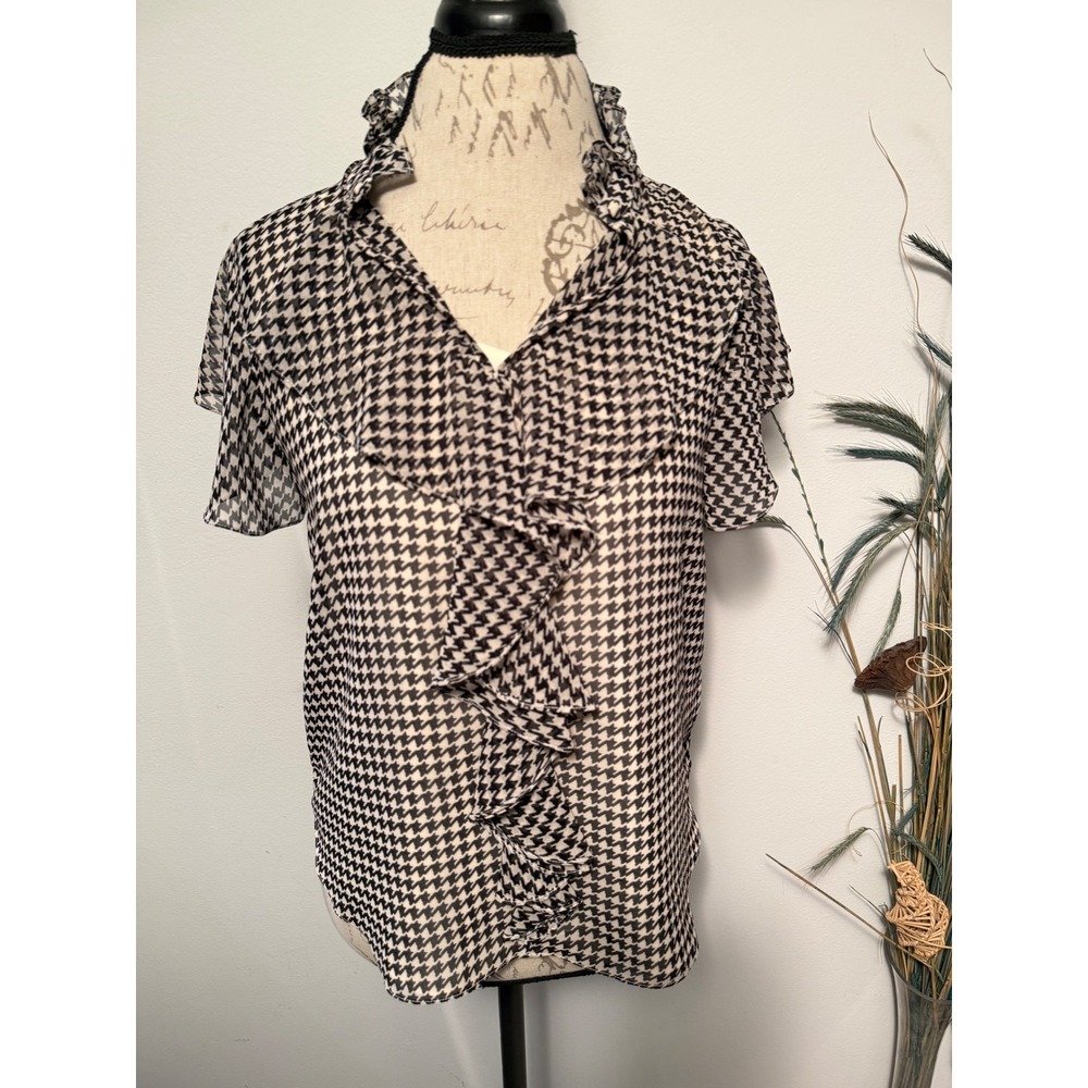 Lauren Ralph Lauren Houndstooth Ruffle V-Neck Blouse Black White black label M